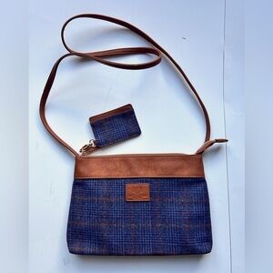 British Bag Company Crossbody
Purse Bag Wool Blue Plaid Pattern Brown Accents